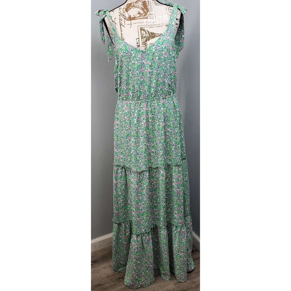 Skies Are Blue Tiered Maxi Dress Women L Multi Ditsy Floral Tie Strap Sleeveless